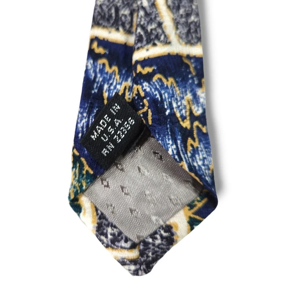 Albert Nipon Silk Necktie Abstract Geo Paisley Jacquard Blue Gold Vintage‎ OS